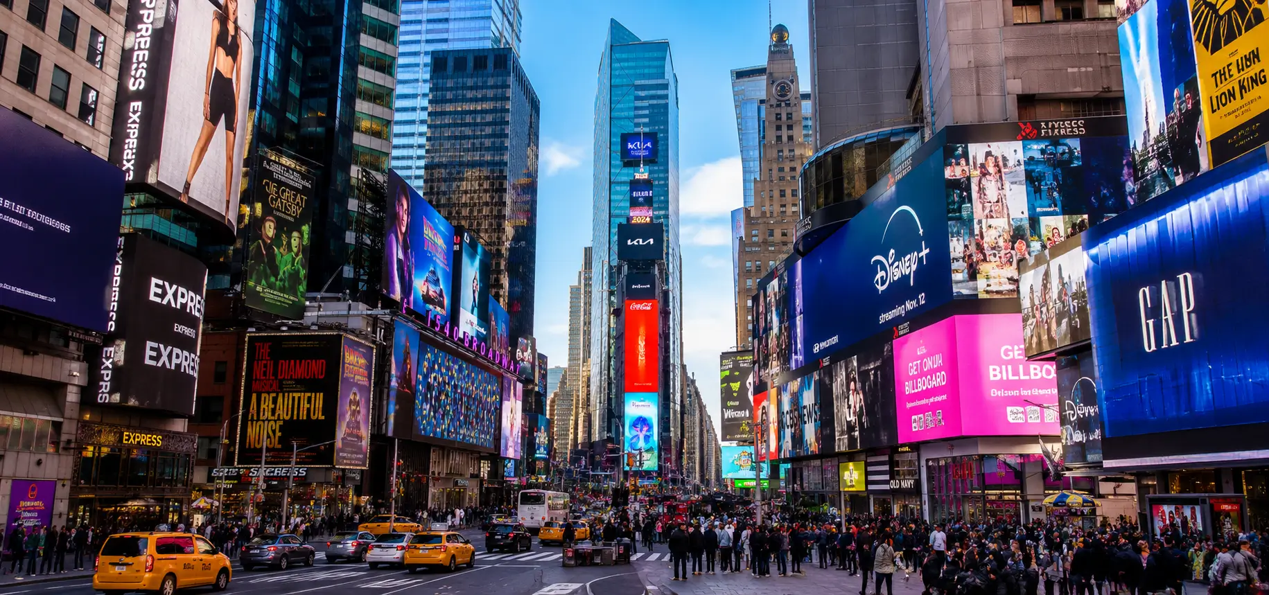 Bustling Times Square cityscape at dusk