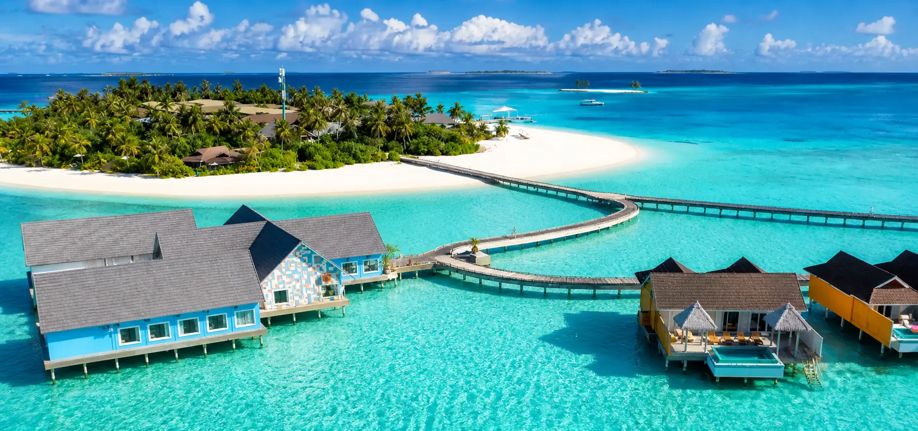 Tropical island resort with overwater bungalows